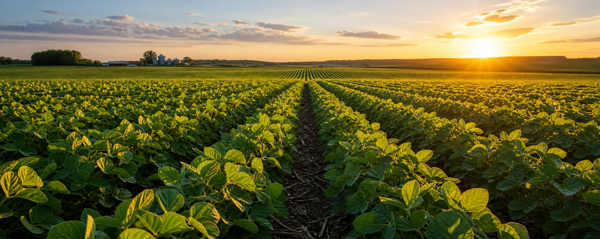 Soybean field rows at sunrise